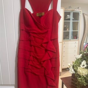 Nicole Miller Red Bodycon Knee-Length Dress with Ruching and Halter Neckline
